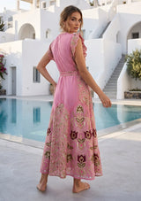 Women's Hand Embroidered Luxury Cotton Long Dress Round Tie-Up Neck - Seliza