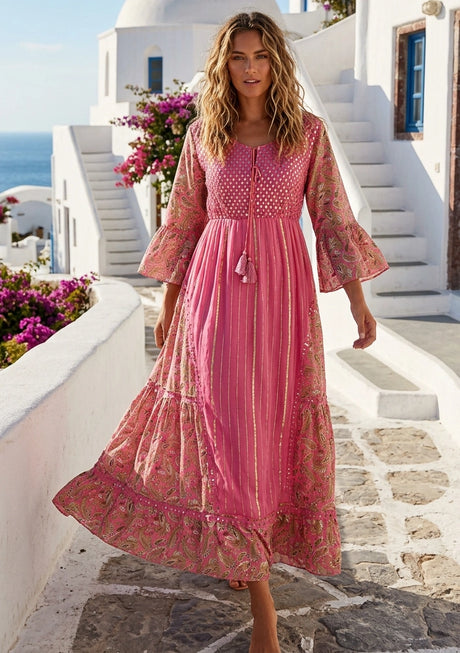 Women's Hand Embroidered Printed Shimmer Cotton Long Dress Round Tie-Up Neck- Marina