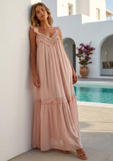 Women's Hand Embroidered Printed Cotton Long Dress V-Neck- Fiona