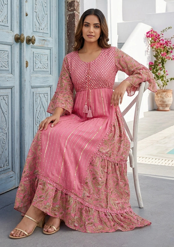 Women's Hand Embroidered Printed Shimmer Cotton Long Dress Round Tie-Up Neck- Marina