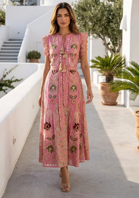 Women's Hand Embroidered Luxury Cotton Long Dress Round Tie-Up Neck - Seliza
