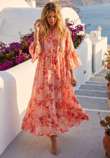 Women's Printed  Cotton Long  Tunic Dress V- Neck - Wema