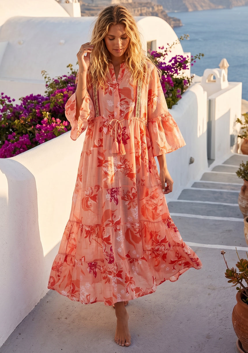 Women's Printed  Cotton Long  Tunic Dress V- Neck - Wema