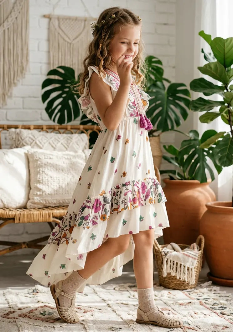 Robe en coton col V pour fille - Jelisha