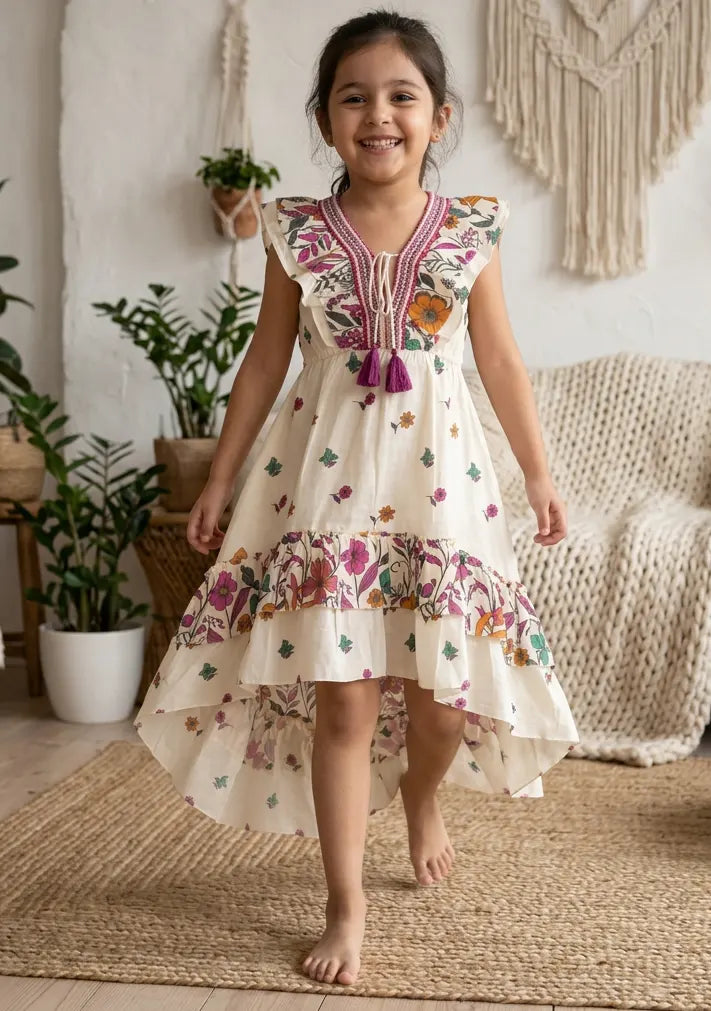 Robe en coton col V pour fille - Jelisha