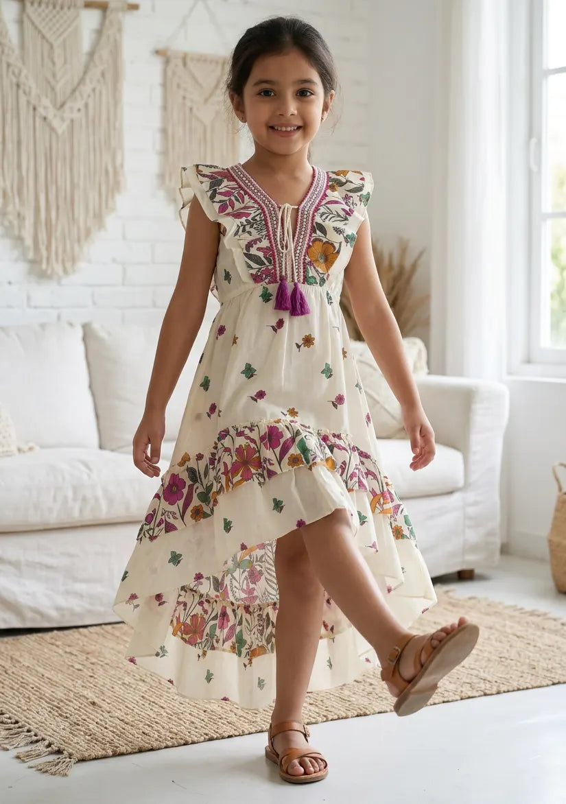 Robe en coton col V pour fille - Jelisha