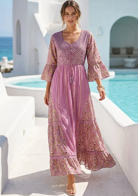 Women's Hand Embroidered Printed Shimmer Cotton Long Dress Round Tie-Up Neck- Marina