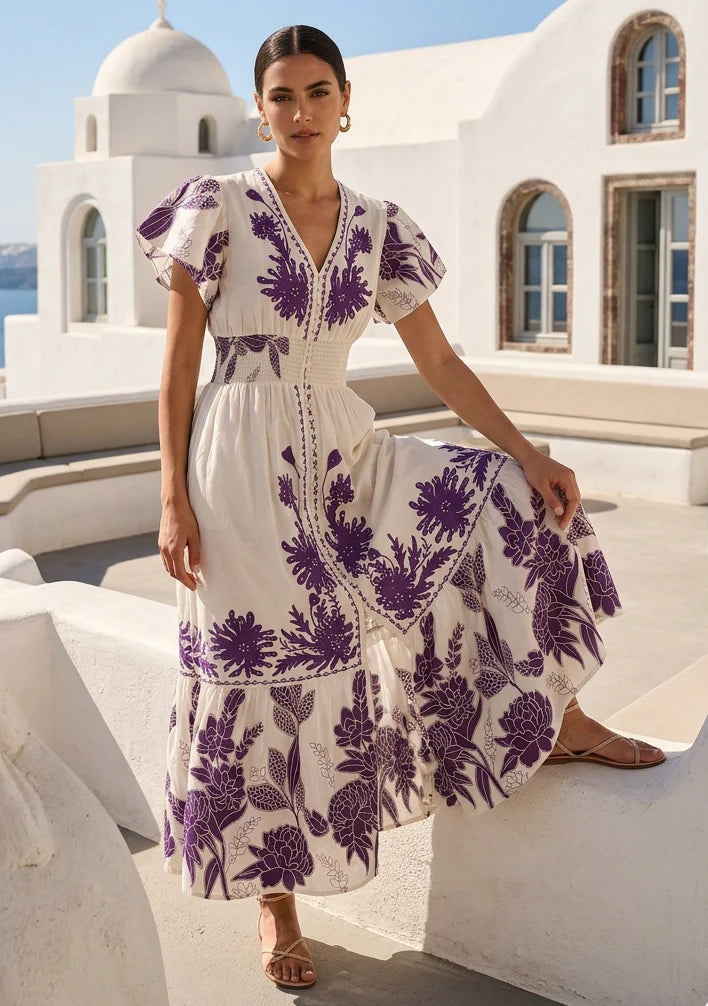 Women's Hand Embroidered Luxury Cotton Long Dress V- Neck - Yamira