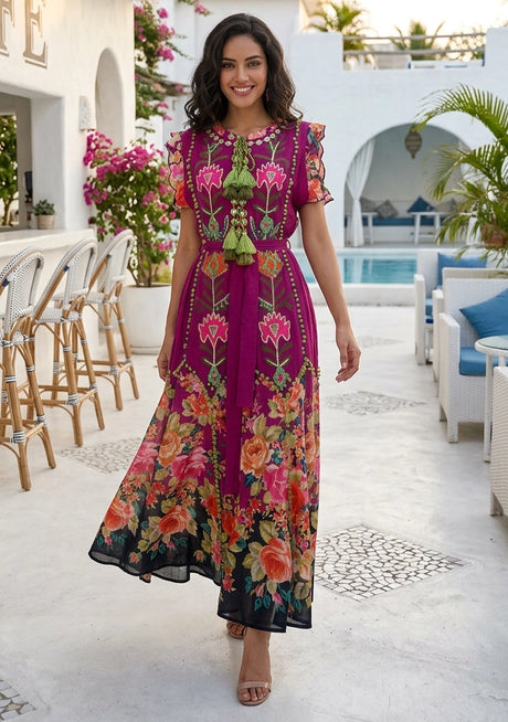 Vestido Maxi de Algodón Bordado a Mano para Mujer Cuello Redondo - Nagozi