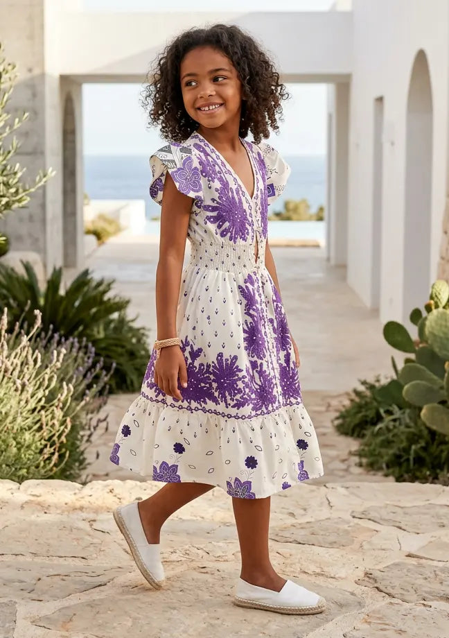 Robe en coton imprimé col en V pour fille - Yamira