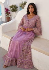 Women's Hand Embroidered Printed Shimmer Cotton Long Dress Round Tie-Up Neck- Marina