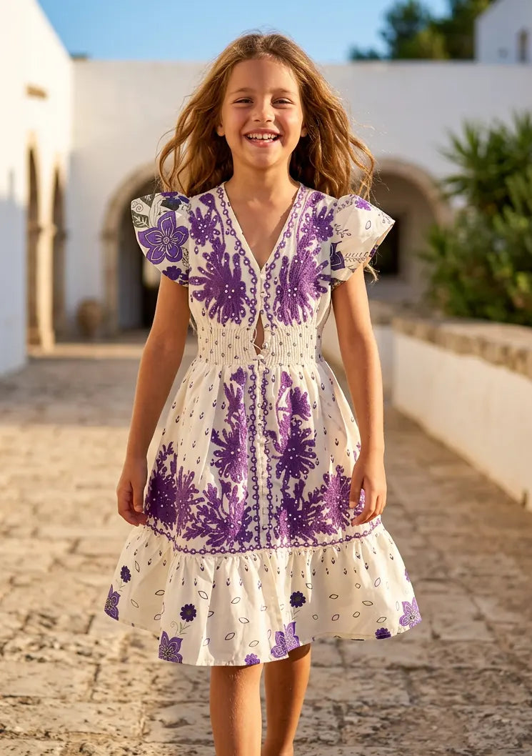 Robe en coton imprimé col en V pour fille - Yamira