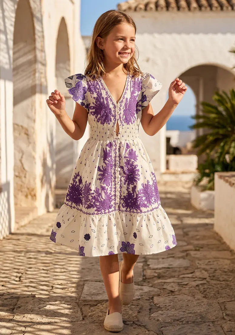 Robe en coton imprimé col en V pour fille - Yamira