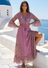Women's Hand Embroidered Printed Shimmer Cotton Long Dress Round Tie-Up Neck- Marina