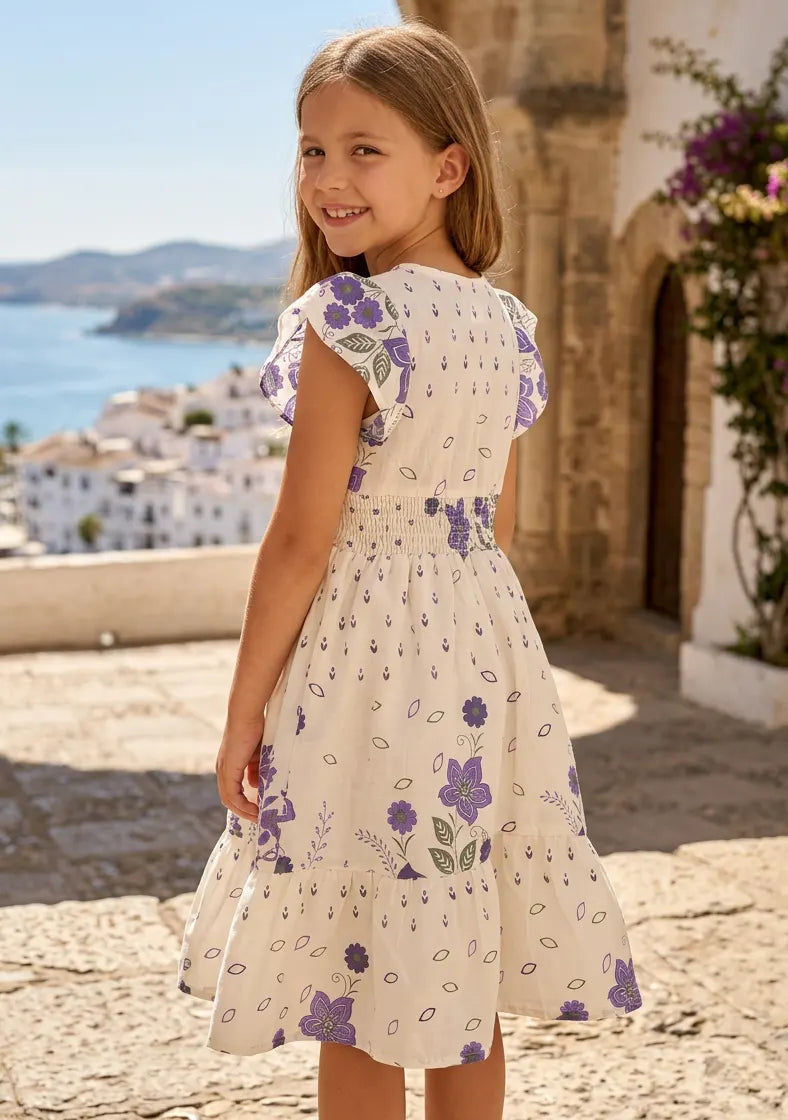Robe en coton imprimé col en V pour fille - Yamira