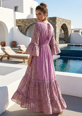 Women's Hand Embroidered Printed Shimmer Cotton Long Dress Round Tie-Up Neck- Marina