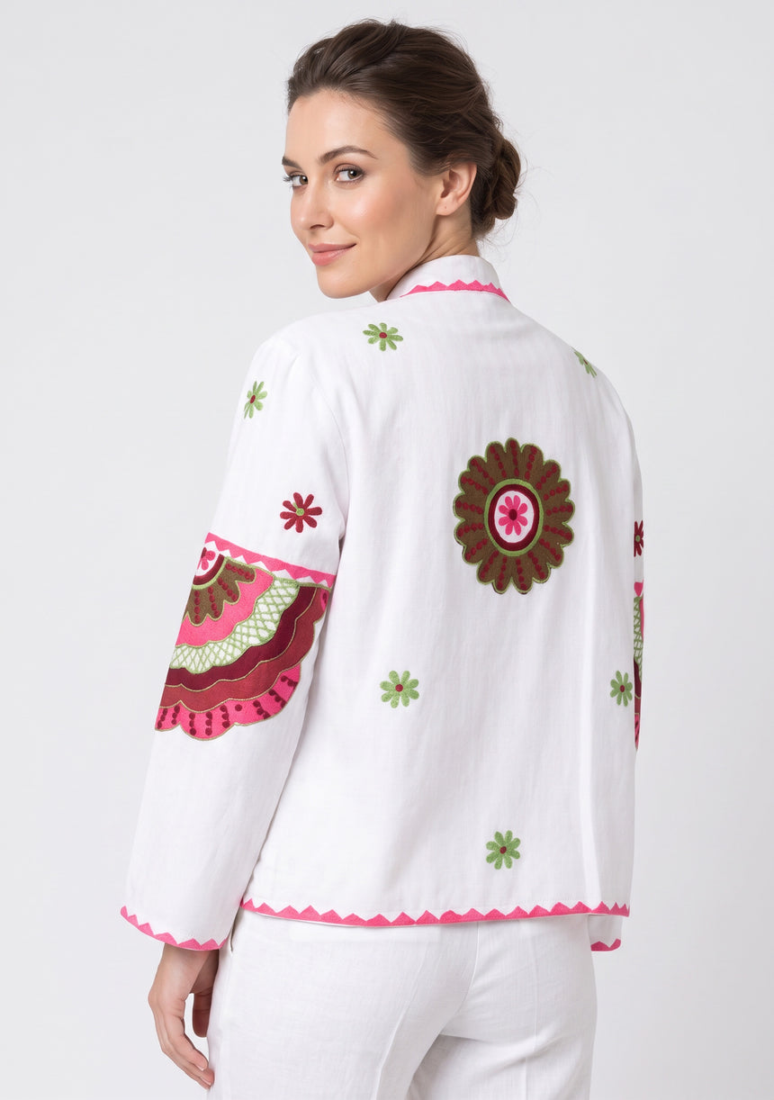 ibBan Women's Hand Embroidered Cotton Canvas Jacket - Sara | Collar Neck Artisan Boho