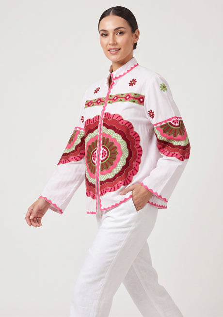 ibBan Women's Hand Embroidered Cotton Canvas Jacket - Sara | Collar Neck Artisan Boho