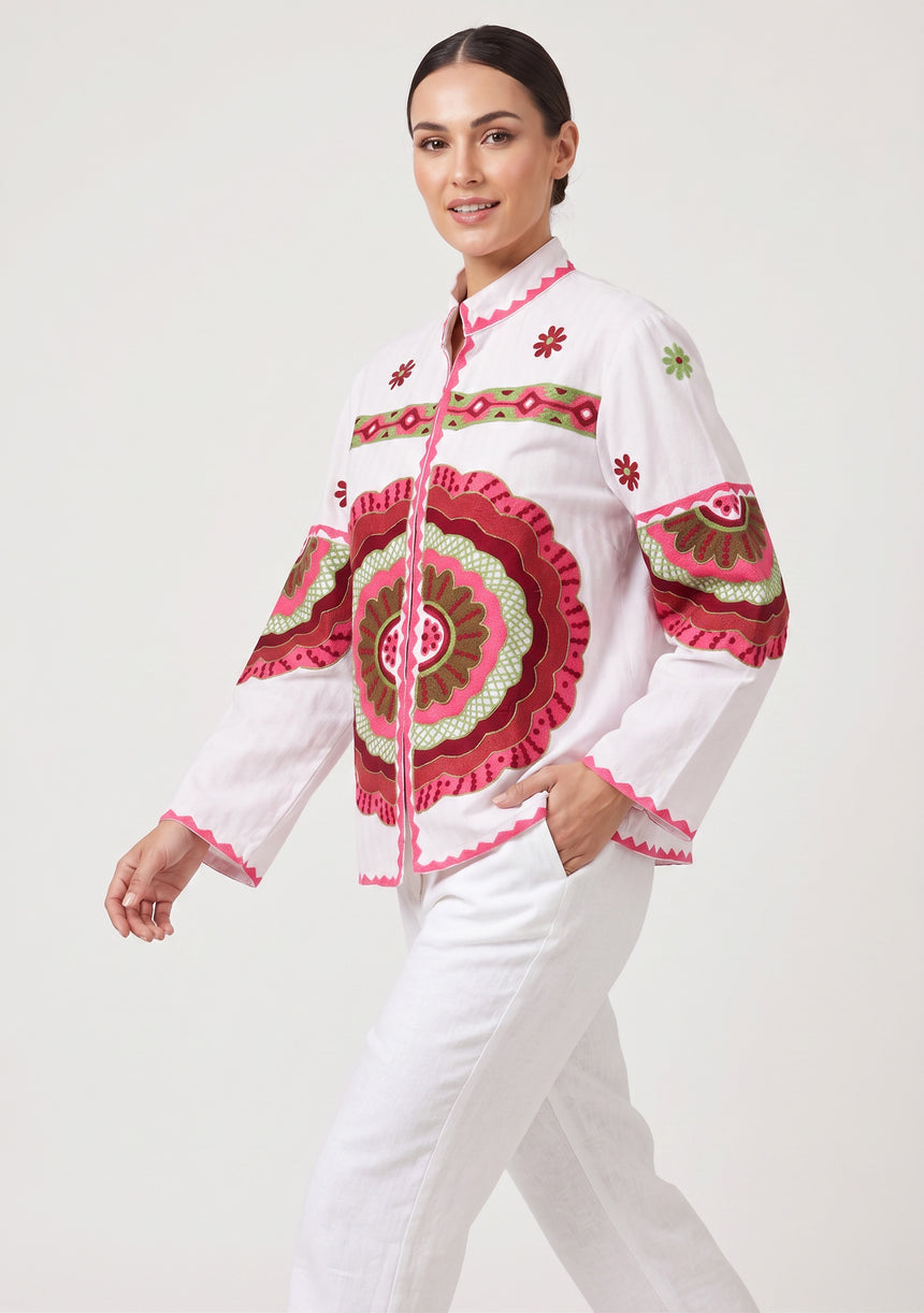 ibBan Women's Hand Embroidered Cotton Canvas Jacket - Sara | Collar Neck Artisan Boho