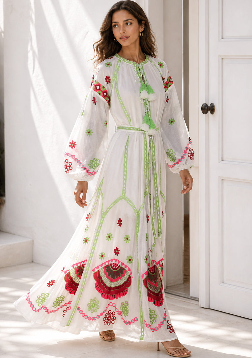 Vestido largo de algodón con cuello redondo para mujer - Raso