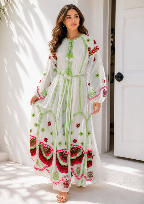 Vestido largo de algodón con cuello redondo para mujer - Raso