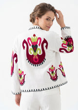 ibBan Women's Hand Embroidered Cotton Canvas Jacket - Sona | Collar Neck Artisan Boho