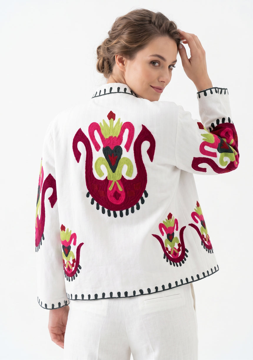 ibBan Women's Hand Embroidered Cotton Canvas Jacket - Sona | Collar Neck Artisan Boho