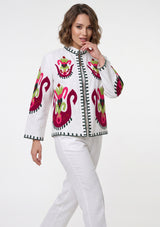 ibBan Women's Hand Embroidered Cotton Canvas Jacket - Sona | Collar Neck Artisan Boho
