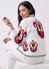 ibBan Women's Hand Embroidered Cotton Canvas Jacket - Sona | Collar Neck Artisan Boho