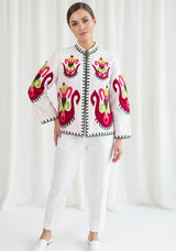 ibBan Women's Hand Embroidered Cotton Canvas Jacket - Sona | Collar Neck Artisan Boho