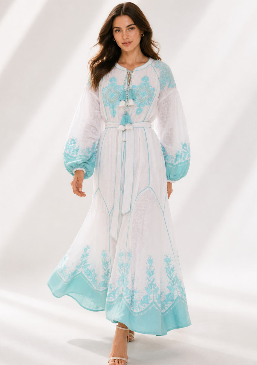 Vestido largo de algodón de cuello redondo para mujer - Naisha
