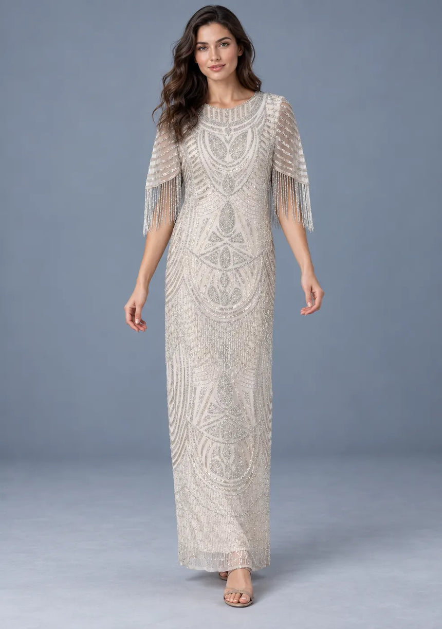 ibBan Women’s Long Dress with Hand Beadwork & Fringe Sleeves -  Esmi