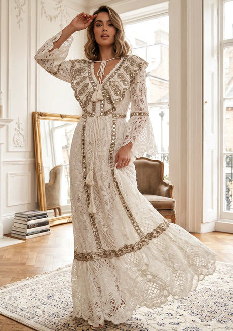 Robe longue de luxe en dentelle brodée à la main pour femme ibBan - Isobel