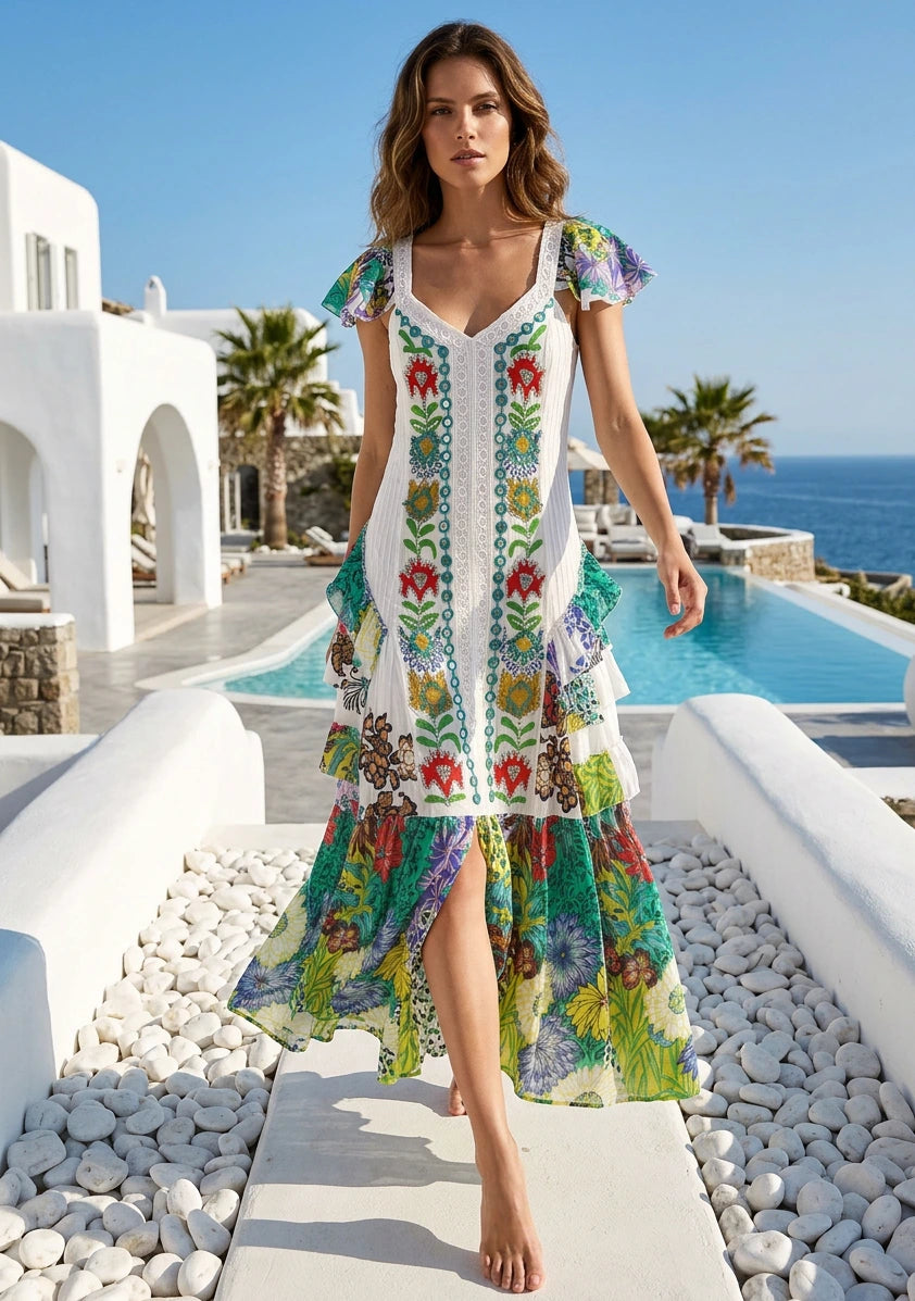 Vestido largo de algodón con cuello en V para mujer - Sanura