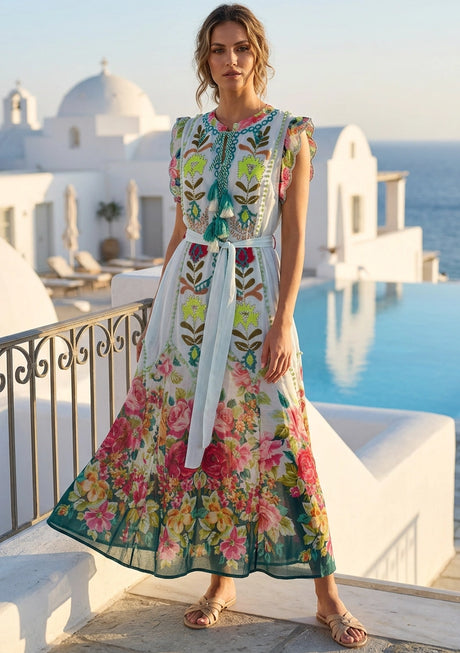 Vestido Maxi de Algodón Bordado a Mano para Mujer Cuello Redondo - Nagozi