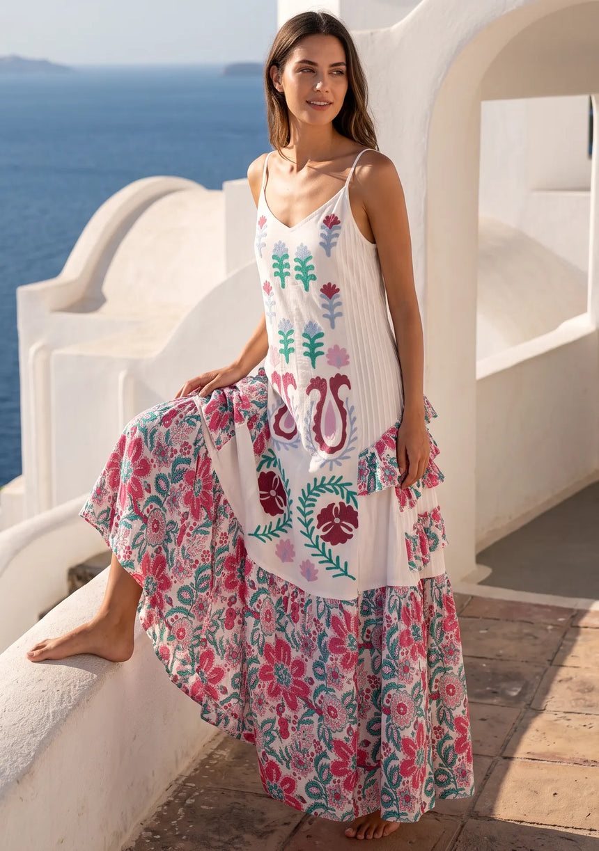 ibBan Embroidered Cotton Strap Maxi Dress with Floral Print - Huwa