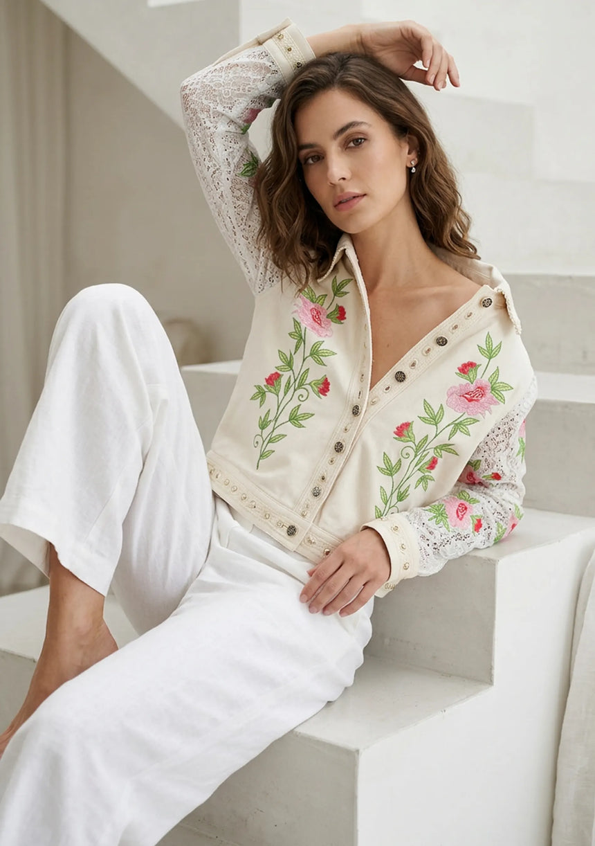 Women's Artisan Hand Embroidery Canvas Jacket - Farida