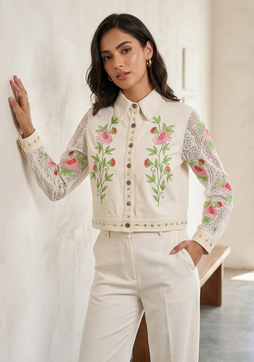 Women's Artisan Hand Embroidery Canvas Jacket - Farida