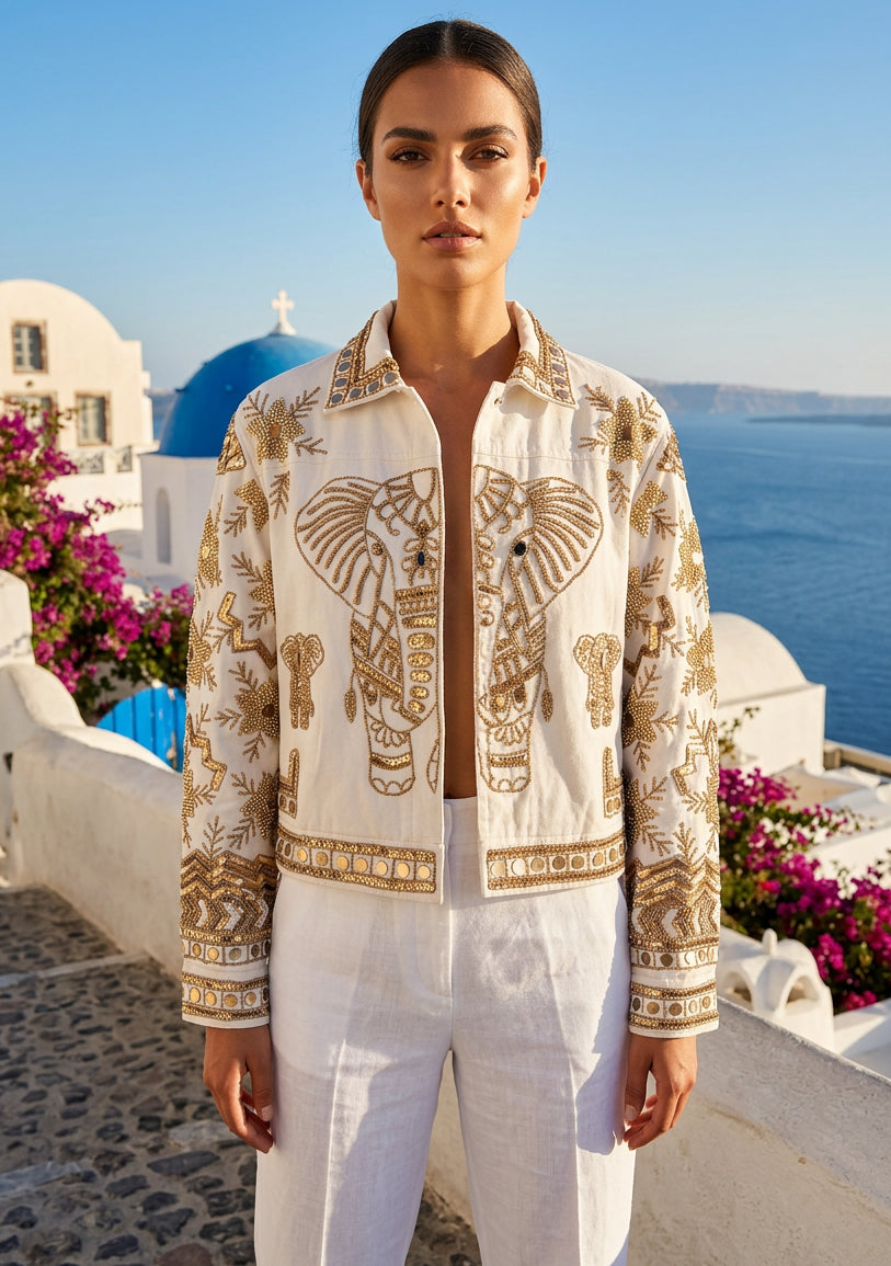 Women's Artisan Heavy Elephant Hand Embroidery Canvas Jacket - Anima