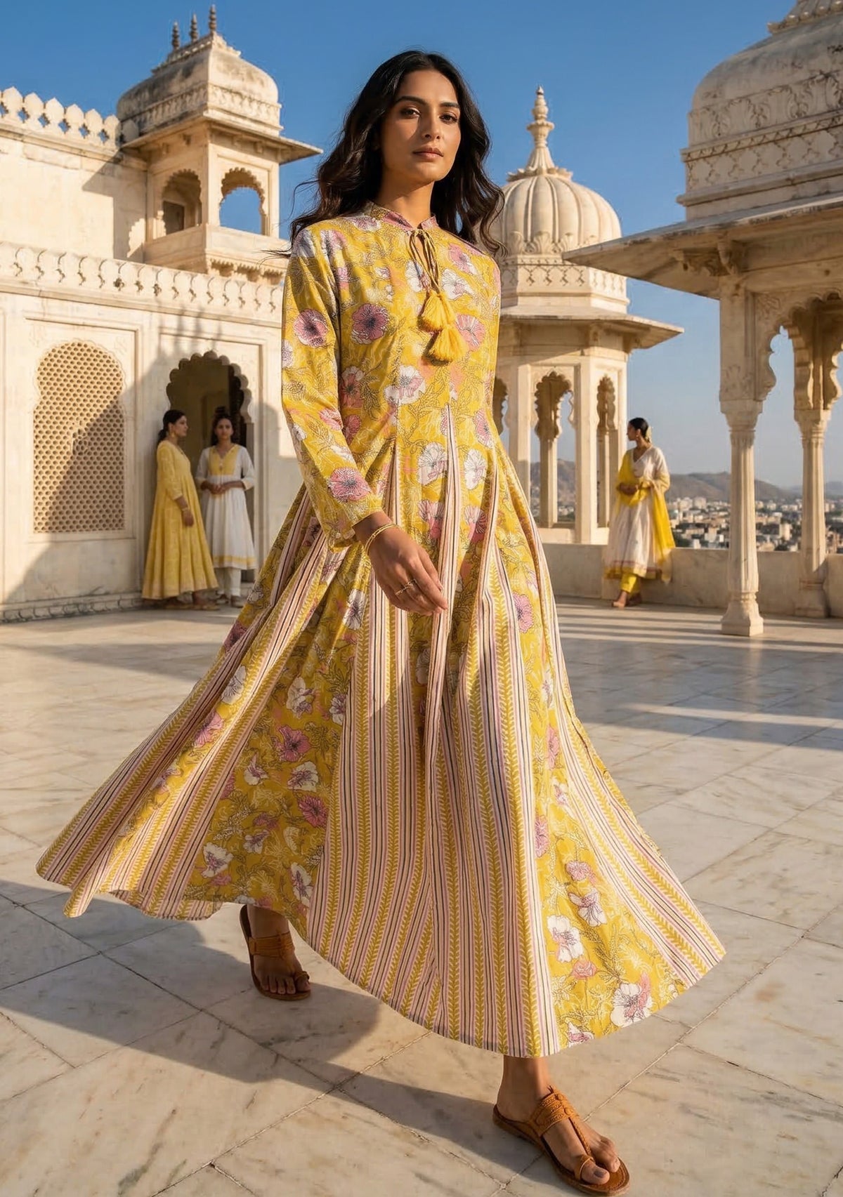 Woman in a yellow floral dress standing on a marble terrace with architectural background