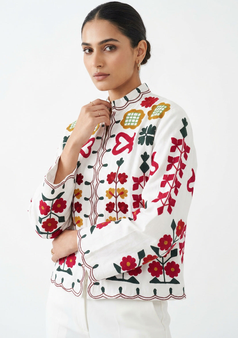 ibBan Women's Hand Embroidered Cotton Canvas Jacket - Zaina | Artisan Boho
