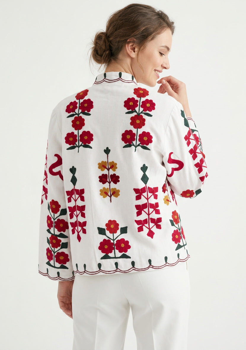 ibBan Women's Hand Embroidered Cotton Canvas Jacket - Zaina | Artisan Boho