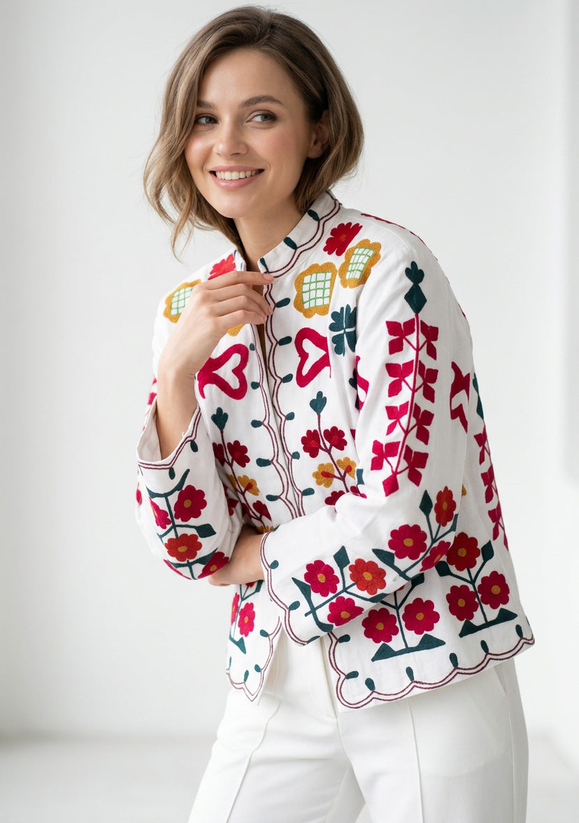 ibBan Women's Hand Embroidered Cotton Canvas Jacket - Zaina | Artisan Boho